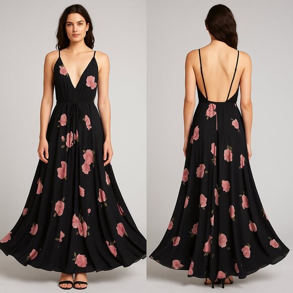 Reformation Dresses & Skirts - Reformation Dress Size 2 Callalily Gown Wrap Floral Layered Flowy Black Pink